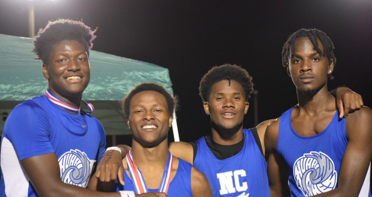 North Central 400 meters relay winners celebrate after finishing first in the Region II Class 1A track meet last week. Pictured are Jamarey Carey, Travis Williams, DeVion Lavergne and Craig Malveaux.